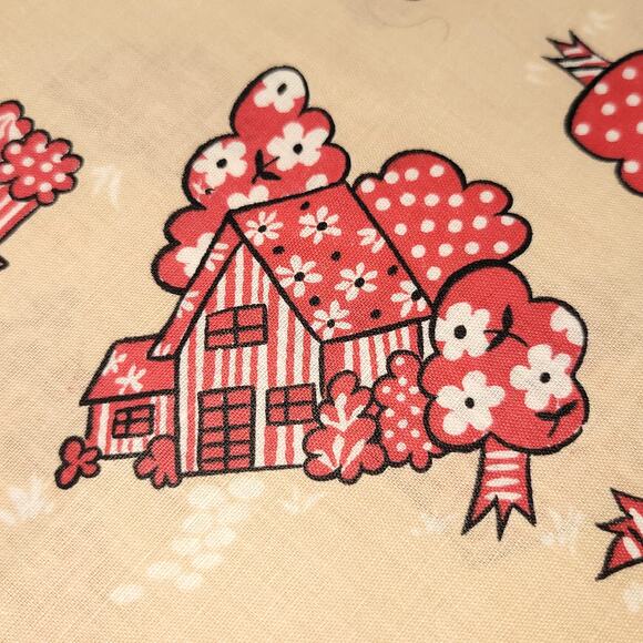 Vintage 44" x 63" Red Tan House Trees Floral Fabric Country Retro Originelle - Picture 8 of 11